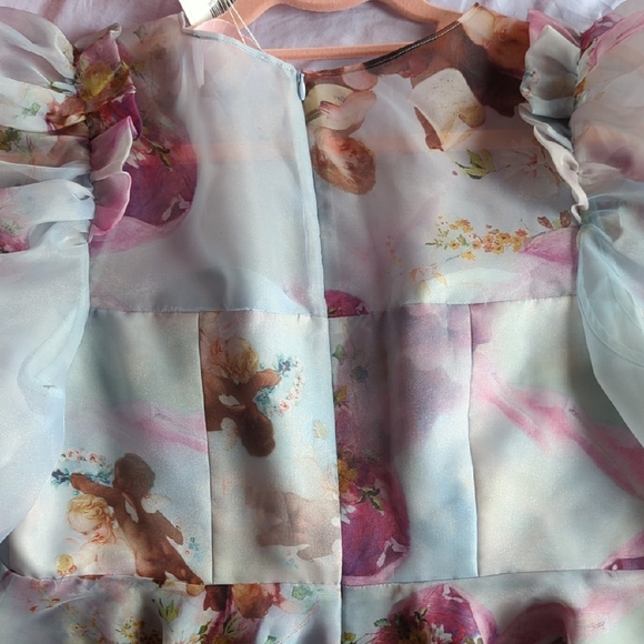 Blue and Purple Floral Midi Dress with Ruffled High Collar - Picture 4 of 7